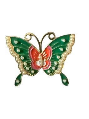 Vintage Green and Pink Enamel Butterfly Brooch